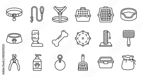 Large collection of pet supply icons in a minimalist line art style including a collar, leash, carrier, food bowl, toys, and grooming accessories