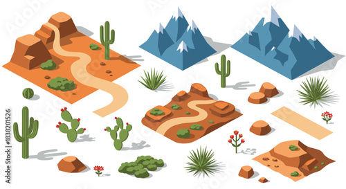 Isometric desert scene with cacti and mountains