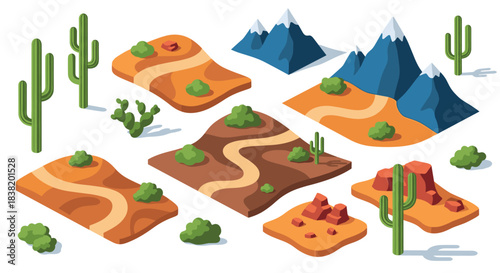 Isometric desert landscape set with cacti and mountains