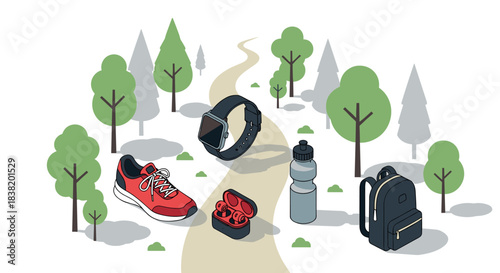 Flat design of outdoor fitness gear with athletic shoes, smart watch, and nature path