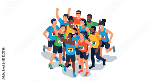 Energetic group of runners celebrating together in vibrant isometric style