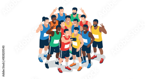 Group of diverse athletes taking selfie in flat design