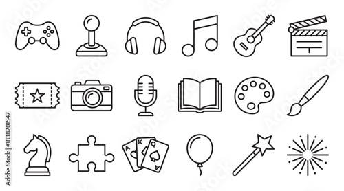 Set of black line art icons representing entertainment, hobbies, and creative arts including gaming, music, film, and painting in a minimalist vector style illustration