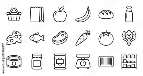 Set of black line icons representing grocery store items and shopping elements like food, produce, meat, dairy, and a basket, presented in a minimalist vector graphic style