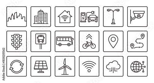 Smart city and urban technology line icons representing sustainable energy, transportation, connectivity, and modern infrastructure in a minimalist black and white vector illustration set