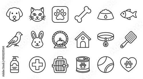 Set of pet care line icons showing various animals and supplies for a veterinary clinic or pet shop, including a dog, cat, fish, food, and toys in a simple graphic style