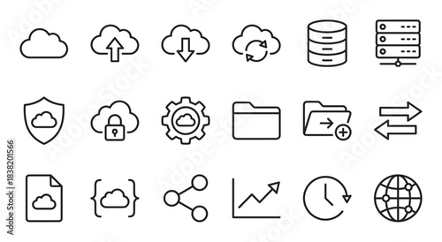 Cloud computing and data management line icons set featuring symbols for server, database, security, network, storage, and transfer in a minimalist black and white vector style