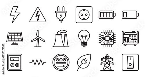 Collection of black line art icons representing energy and electricity concepts, including renewable sources, power generation, electrical components, and various technology symbols