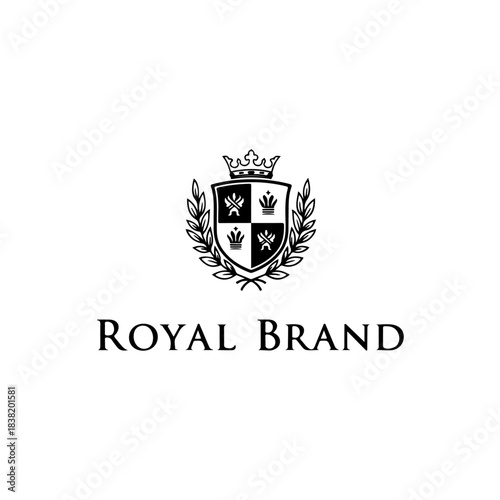 Classic heraldic royal brand emblem with crown, shield, and laurel wreaths, symbolizing nobility, victory, and exclusive heritage. isolated on transparent background
