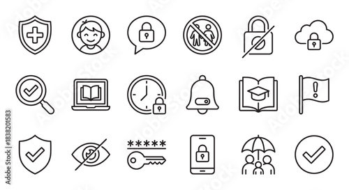 Set of black line icons for security and privacy concepts including a shield, lock, password, and verification symbols, presented in a clean, minimalist vector graphic style