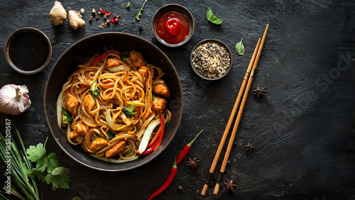 asian food cooking wok with noodles chicken