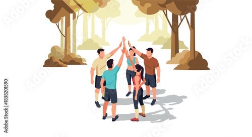 Energetic team celebration in nature: group of friends high-fiving in forest