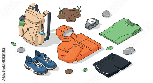 Outdoor adventure essentials in isometric style: hiking gear and apparel