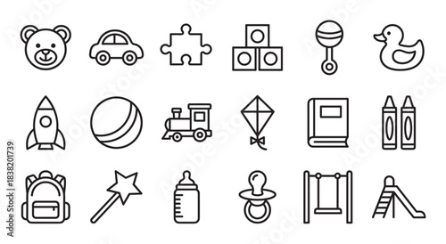 Comprehensive collection of minimalist outline icons representing baby and toddler items, such as toys, playground equipment, and newborn essentials like a bottle, pacifier, and rattle