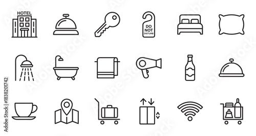 Set of black hotel service icons representing accommodation, travel, and hospitality in a simple minimalist line art style for web and mobile application user interface design