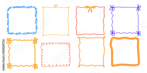 Line Doodle Frame Bundle. Vintage Funny Hand Drawn Outline Empty Border. Cute Childish Positive Vibrant Frame Canvas Set. Greeting Card Line Art Border Element Collection