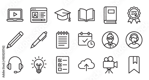 Set of black line art icons for online education, e-learning, and webinars, including symbols for graduation, books, video lessons, and support, presented in a clean grid layout