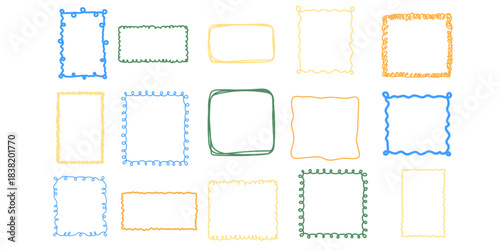Line Doodle Frame Bundle. Vintage Funny Hand Drawn Outline Empty Border. Cute Childish Positive Vibrant Frame Canvas Set. Greeting Card Line Art Border Element Collection
