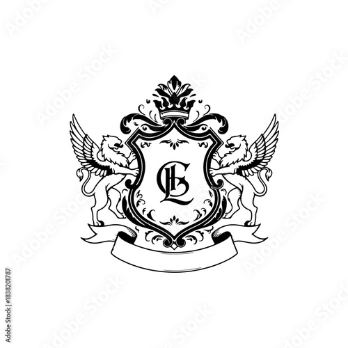 Ornate heraldic crest with winged lions, crown, elegant shield, blank banner, and intricate letter 'l' or 'b' in black and white. isolated on transparent background