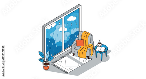 Cozy corner with armchair and coffee by rainy window in isometric style