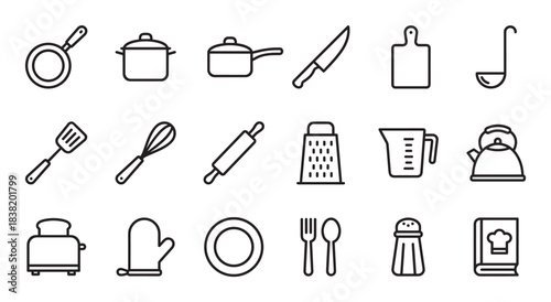 Set of eighteen kitchen and cooking line icons featuring utensils and appliances like a pot, pan, knife, and grater in a simple, clean, and modern vector illustration