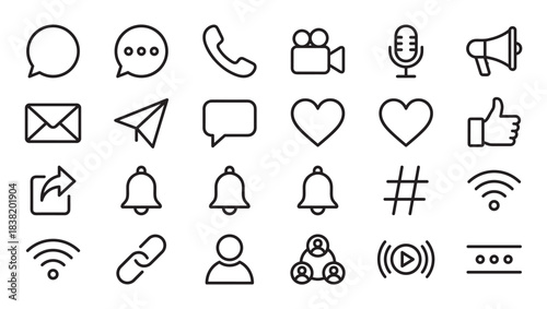 Collection of black line art icons for social media and communication, featuring symbols for messages, notifications, likes, sharing, video, and user profiles in a clean design