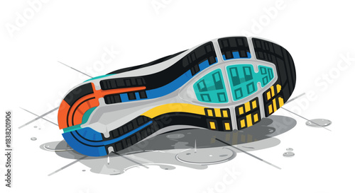Colorful athletic shoe sole on wet surface