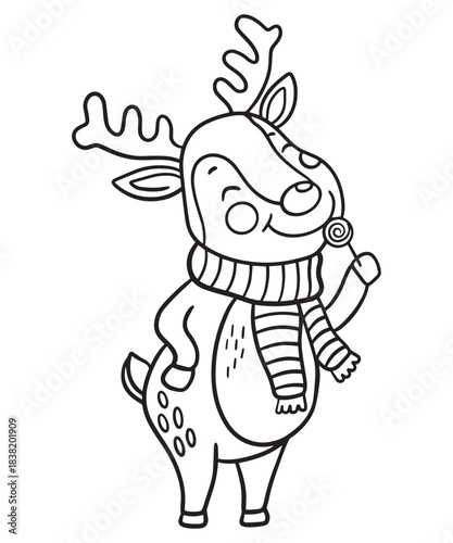 Cute Rudolph the reindeer enjoying a colorful lollipop perfect for a children s coloring sheet design isolated on white background
