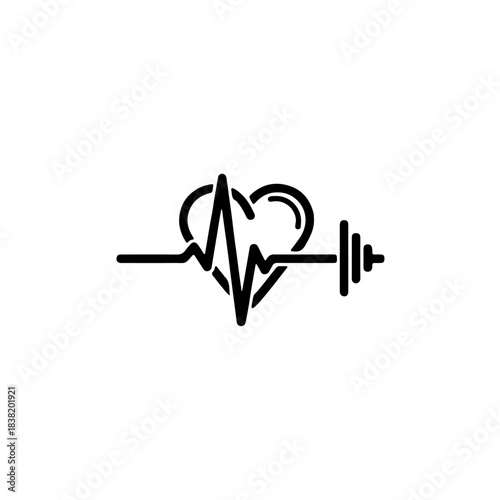 Heartbeat line forming a heart shape integrated with a dumbbell icon, symbolizing fitness, health, and exercise on white background isolated on transparent background