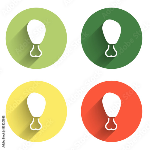 Set Chicken leg icon isolated with long shadow background. Chicken drumstick. Color circle button. Vector