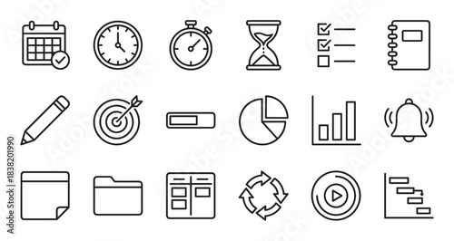 Set of black line icons representing productivity and time management concepts, including a calendar, clock, checklist, and charts, presented in a clean, minimalist vector style