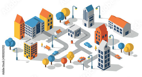 Colorful isometric cityscape with buildings, cars, and trees
