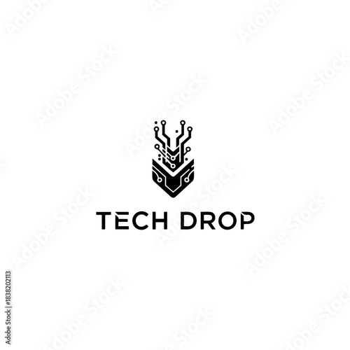 Tech drop logo with circuit board design and abstract arrowhead symbolizing innovation and technology advancement. isolated on transparent background