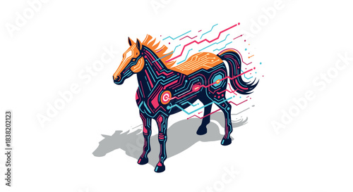 Futuristic cyber horse with neon circuit design in vibrant colors