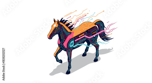 Futuristic cyber horse with circuit board design and vibrant colors