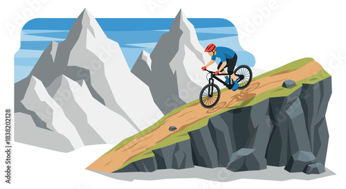 Mountain biking adventure on rocky trail amidst majestic snowy peaks and clear blue sky