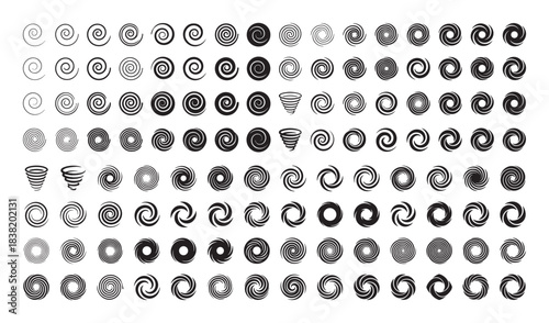 Large collection of black spiral icons and swirl symbols in various graphic styles, including vortex, tornado, and hurricane shapes for design elements and logos