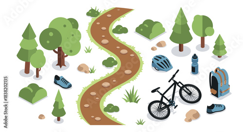 Isometric nature trail with bicycle and outdoor gear for adventure enthusiasts