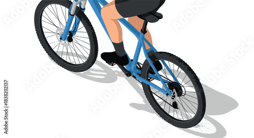 Isometric mountain biker riding blue bike in action with shadow on white
