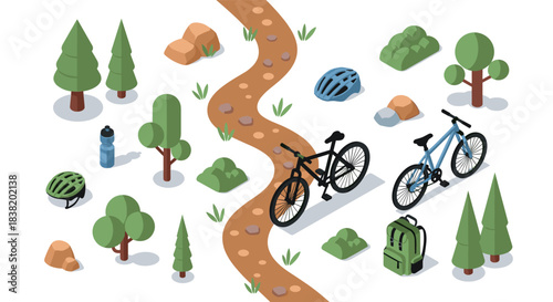 Isometric outdoors adventure with bikes, helmets, and nature elements