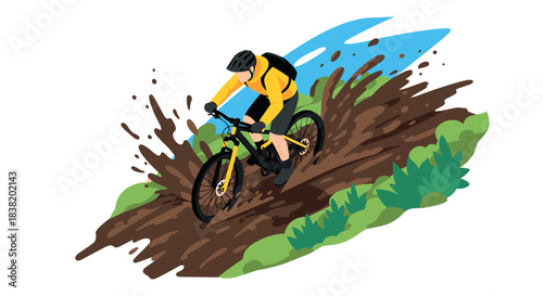 Dynamic mountain biking adventure through muddy trails in vibrant colors