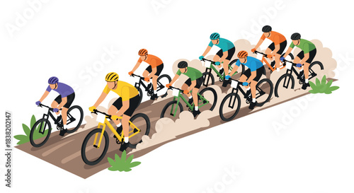 Competitive cyclists riding in a group on dirt path with dust trail in flat design