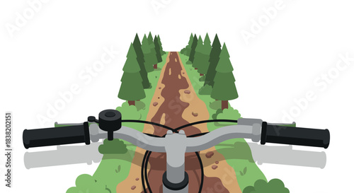 Cycling adventure on forest trail with mountain bike handlebar view