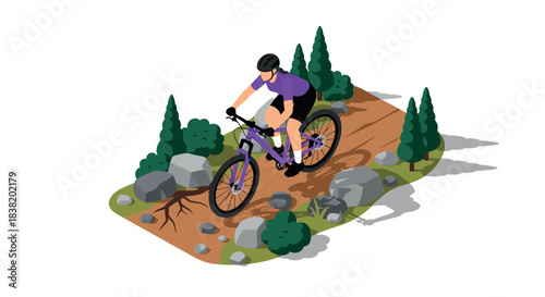 Mountain biking adventure in nature isometric style with trees and rocks