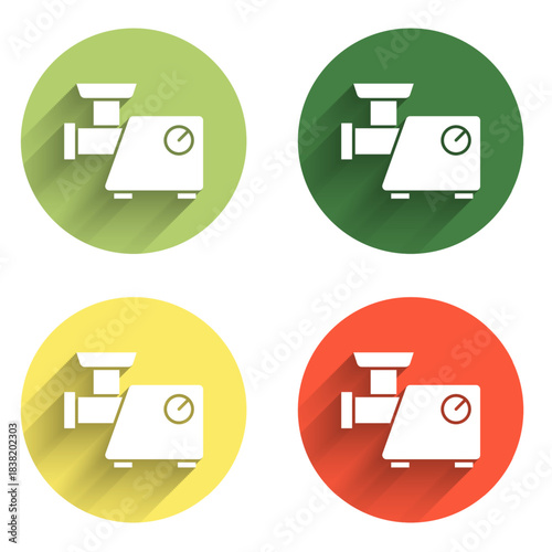 Set Kitchen meat grinder icon isolated with long shadow background. Color circle button. Vector