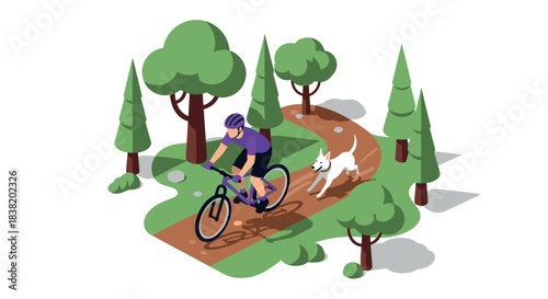Cycling adventure in the forest with dog companion in isometric style