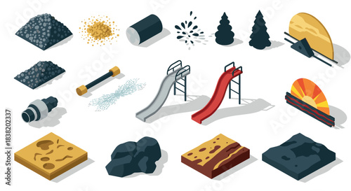 Isometric construction materials icons set: rocks, sand, and building elements