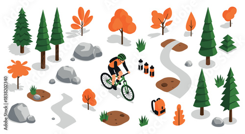 Isometric autumn cycling scene with trees and equipment