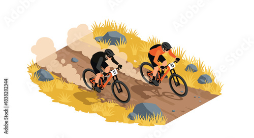 Isometric mountain biking race in autumn landscape with cyclists