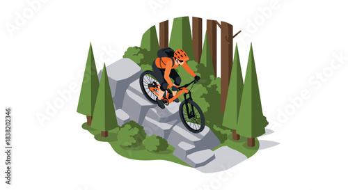 Mountain biker navigating rocky terrain in forested isometric landscape